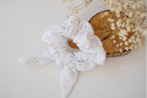 Chouchou Noeud Ivy Blanc à pois dorés