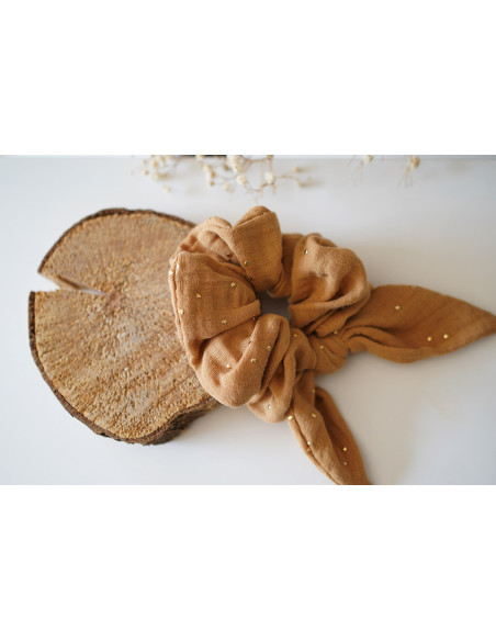 scrunchie bow Ivy Camel with gold polka dots