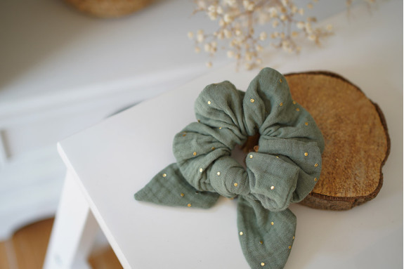 Chouchou Noeud Ivy Vert Sauge à pois dorés