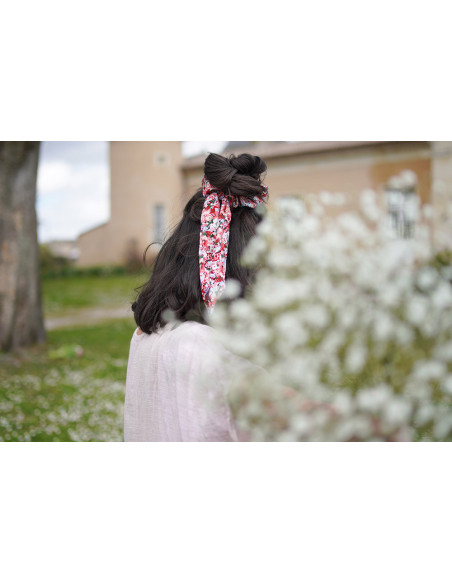scrunchie Ruban Aline Fleuri Rose