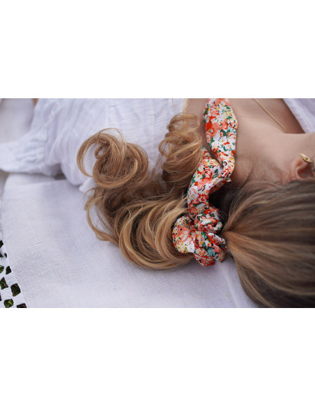 Chouchou Ruban Danielle Fleuri Corail