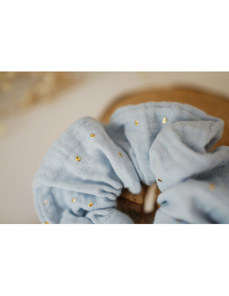 scrunchie bow Ivy Ice Blue with gold polka dots