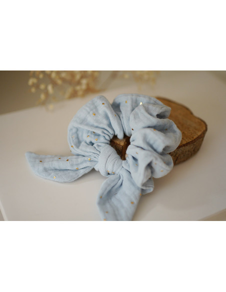 scrunchie bow Ivy Ice Blue with gold polka dots