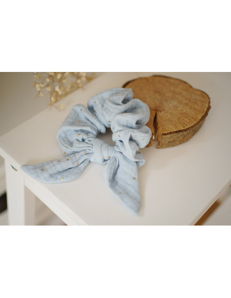 scrunchie bow Ivy Ice Blue with gold polka dots