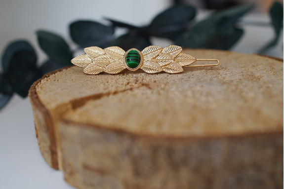 hair clip Albana Feuillage gold et Pierre Verte