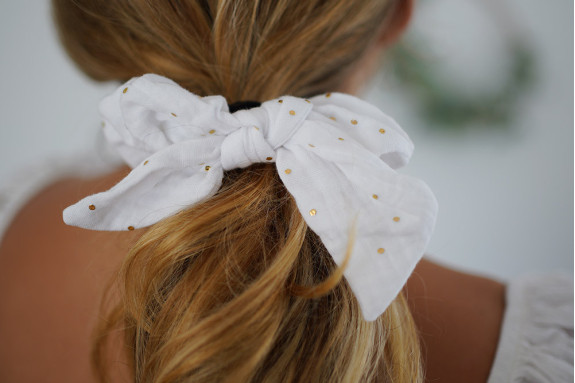 Chouchou Noeud Ivy Blanc à pois dorés