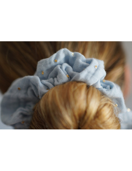 scrunchie bow Ivy Ice Blue with gold polka dots