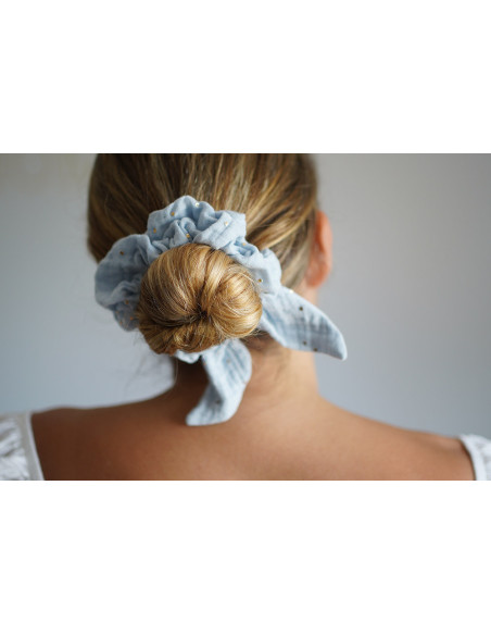 scrunchie bow Ivy Ice Blue with gold polka dots