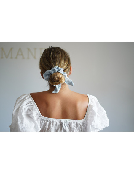scrunchie bow Ivy Ice Blue with gold polka dots