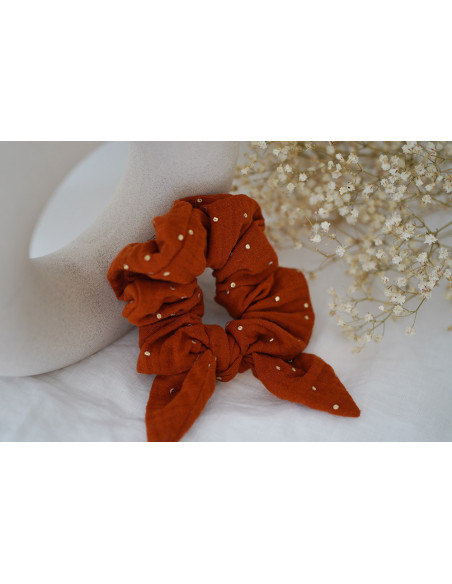 scrunchie bow Ivy Rust with Gold Polka Dots