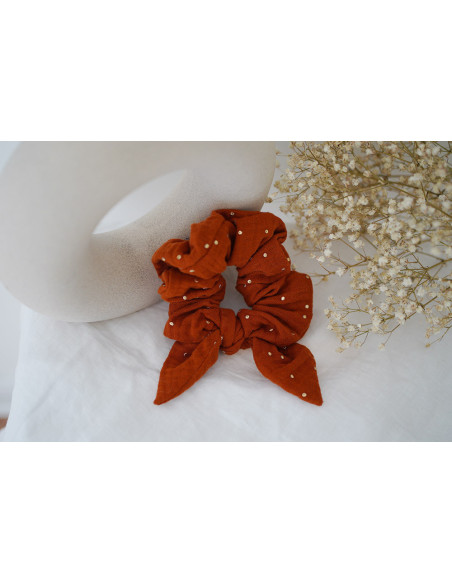 scrunchie bow Ivy Rust with Gold Polka Dots