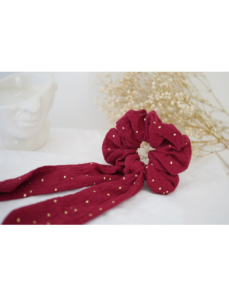 Chouchou Ruban Lina Rouge Grenat à pois dorés