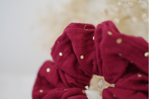 Chouchou Ruban Lina Rouge Grenat à pois dorés