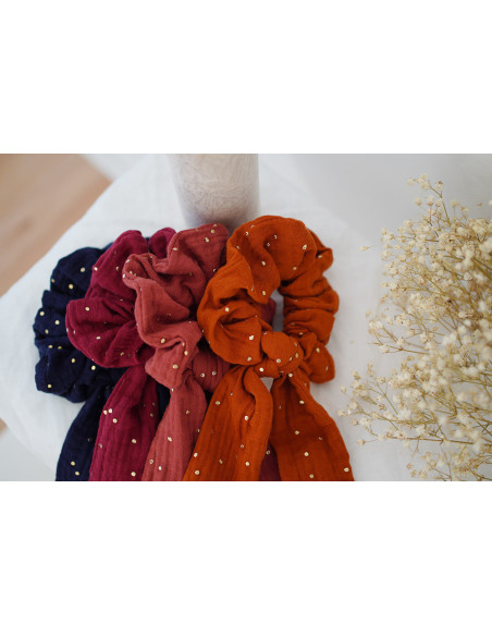 Chouchou Ruban Lina Rouge Grenat à pois dorés