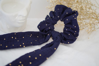 Navy Blue Lina Ribbon scrunchie with gold polka dots