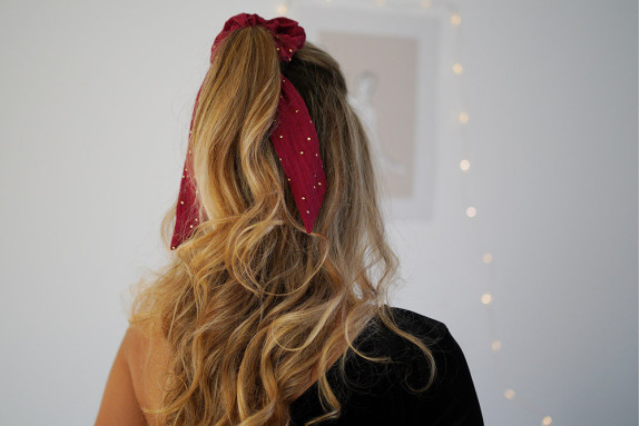 Chouchou Ruban Lina Rouge Grenat à pois dorés