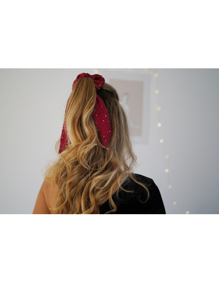 Chouchou Ruban Lina Rouge Grenat à pois dorés