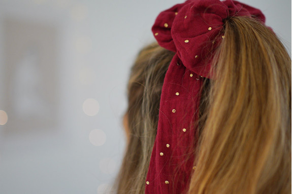 Chouchou Ruban Lina Rouge Grenat à pois dorés