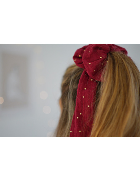 Chouchou Ruban Lina Rouge Grenat à pois dorés