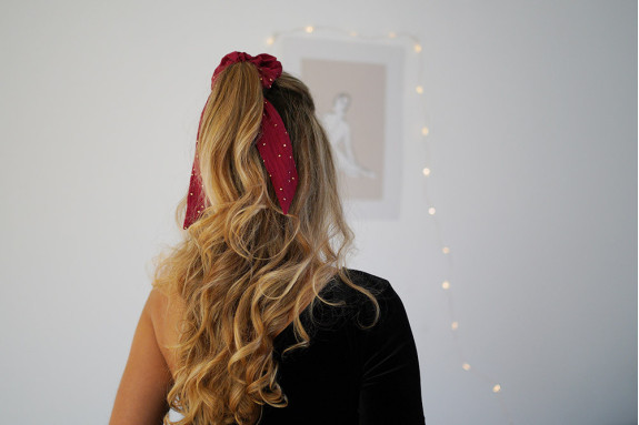 Chouchou Ruban Lina Rouge Grenat à pois dorés