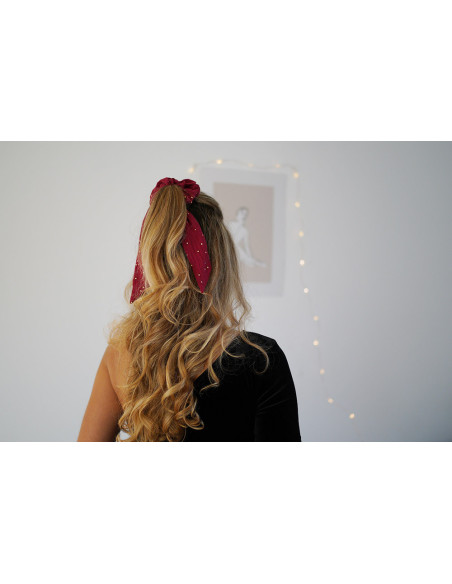 Chouchou Ruban Lina Rouge Grenat à pois dorés