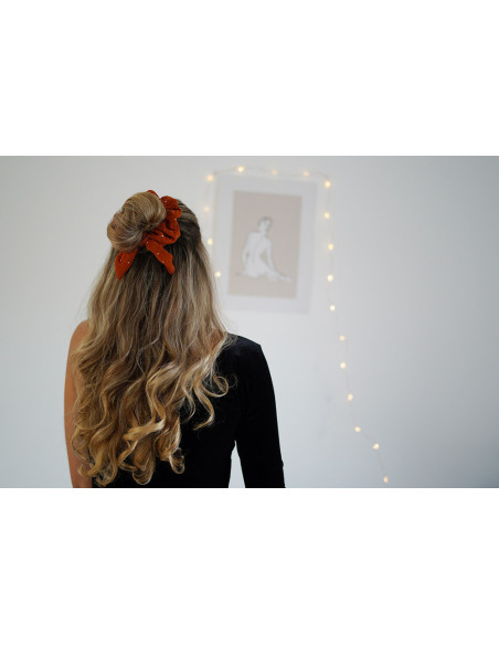 scrunchie bow Ivy Rust with Gold Polka Dots