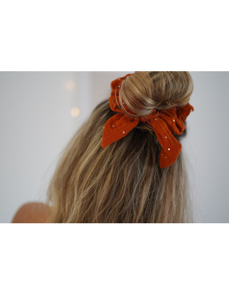 scrunchie bow Ivy Rust with Gold Polka Dots