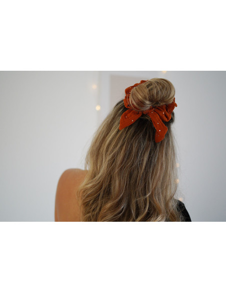 scrunchie bow Ivy Rust with Gold Polka Dots