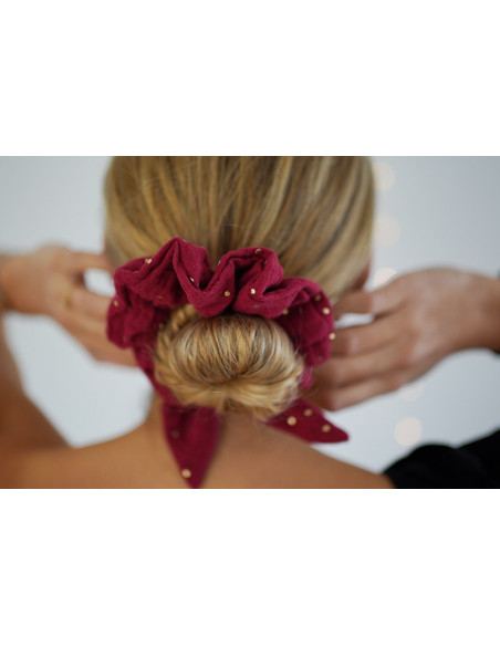 scrunchie bow Ivy Garnet Red with Gold Polka Dots