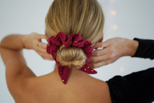 scrunchie bow Ivy Garnet Red with Gold Polka Dots 2