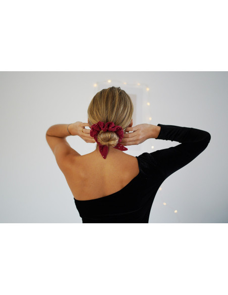 scrunchie bow Ivy Garnet Red with Gold Polka Dots