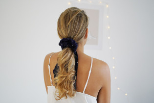 Navy Blue Lina Ribbon scrunchie with gold polka dots 2