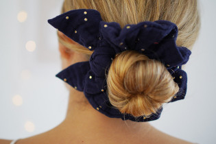 scrunchie bow Ivy Navy Blue with Gold Polka Dots 2