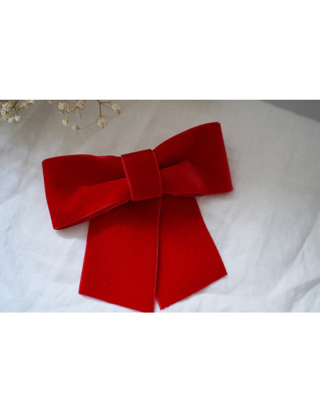 Barrette Nœud Alma Velours Rouge Vermillon