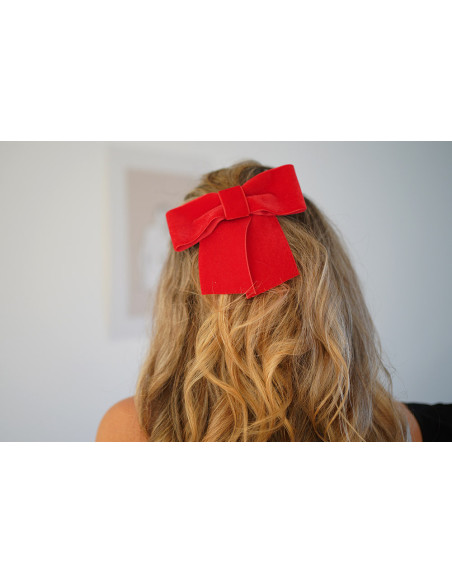 Barrette Nœud Alma Velours Rouge Vermillon
