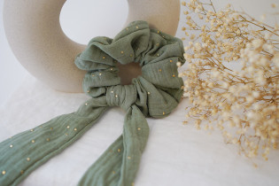 scrunchie Ribbon Lina Sage Green with gold polka dots