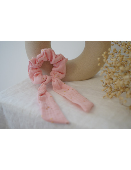 Chouchou Ruban Enfant Ivana Rose thé et doré
