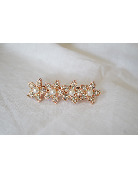 Barrette Edelweiss fleurs rose gold perles nacrées et strass argentés