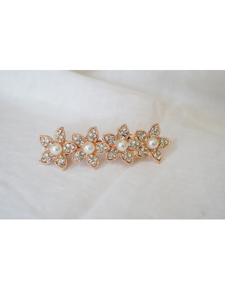 Barrette Edelweiss fleurs rose gold perles nacrées et strass argentés