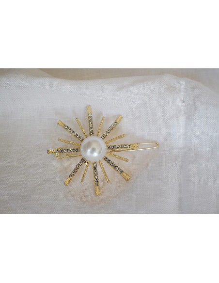Barrette Tia soleil doré perle nacrée et strass argentés