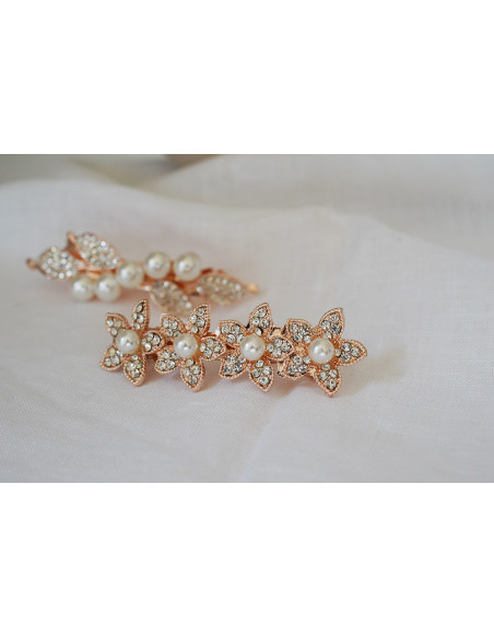 Barrette Edelweiss fleurs rose gold perles nacrées et strass argentés