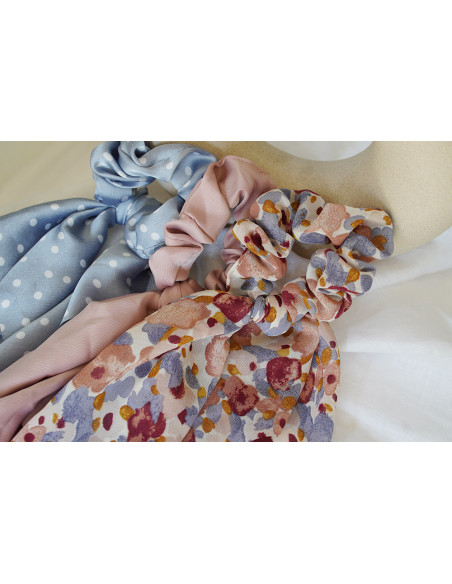 Chouchou Ruban femme Léoline Bleu à Pois Blancs