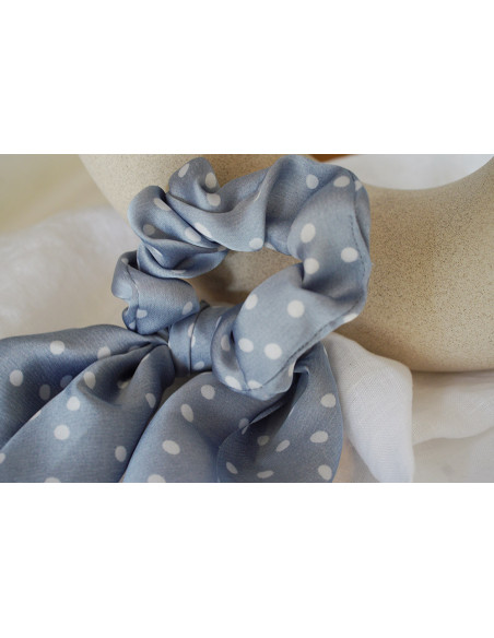 Chouchou Ruban femme Léoline Bleu à Pois Blancs