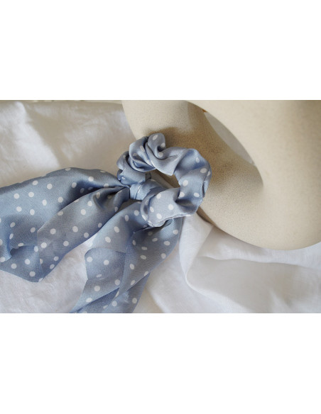 Chouchou Ruban femme Léoline Bleu à Pois Blancs