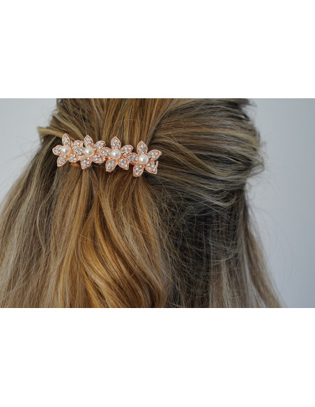 Barrette Edelweiss fleurs rose gold perles nacrées et strass argentés
