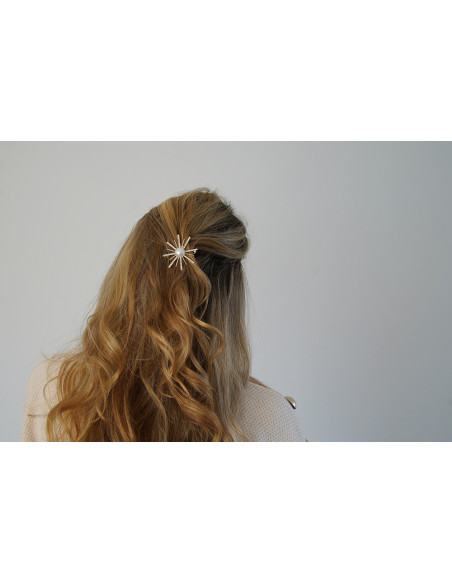 Barrette Tia soleil doré perle nacrée et strass argentés