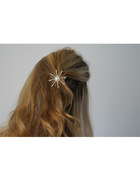 Barrette Tia soleil doré perle nacrée et strass argentés