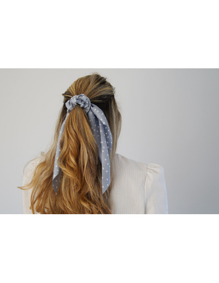 Chouchou Ruban femme Léoline Bleu à Pois Blancs