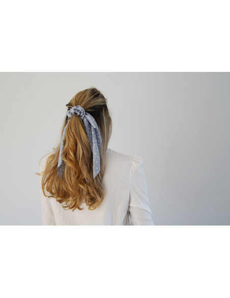 Chouchou Ruban femme Léoline Bleu à Pois Blancs