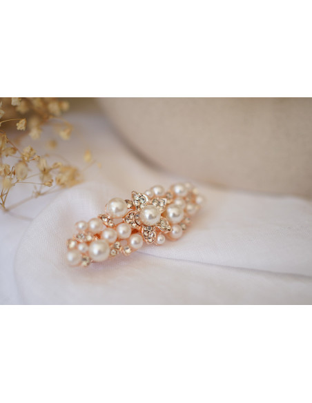 Barrette Lise Perles Nacrées et Strass Argentés Rose Gold